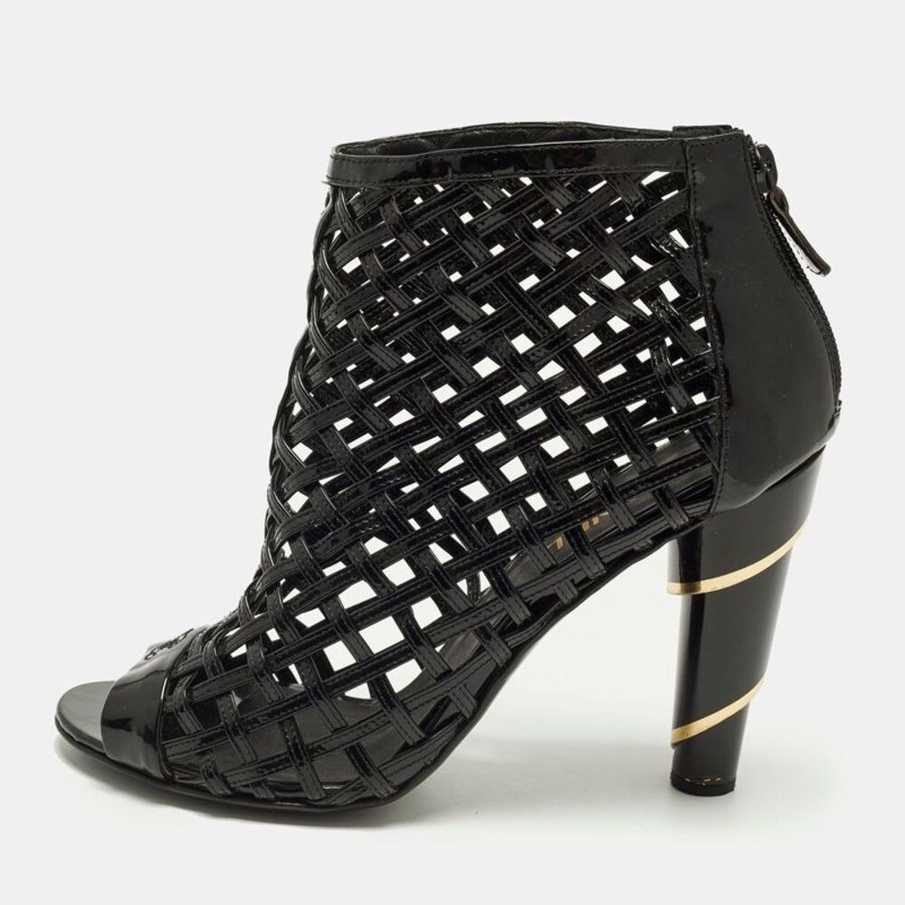 Chanel Size 42 Black Patent Leather Cage Ankle Length Boots